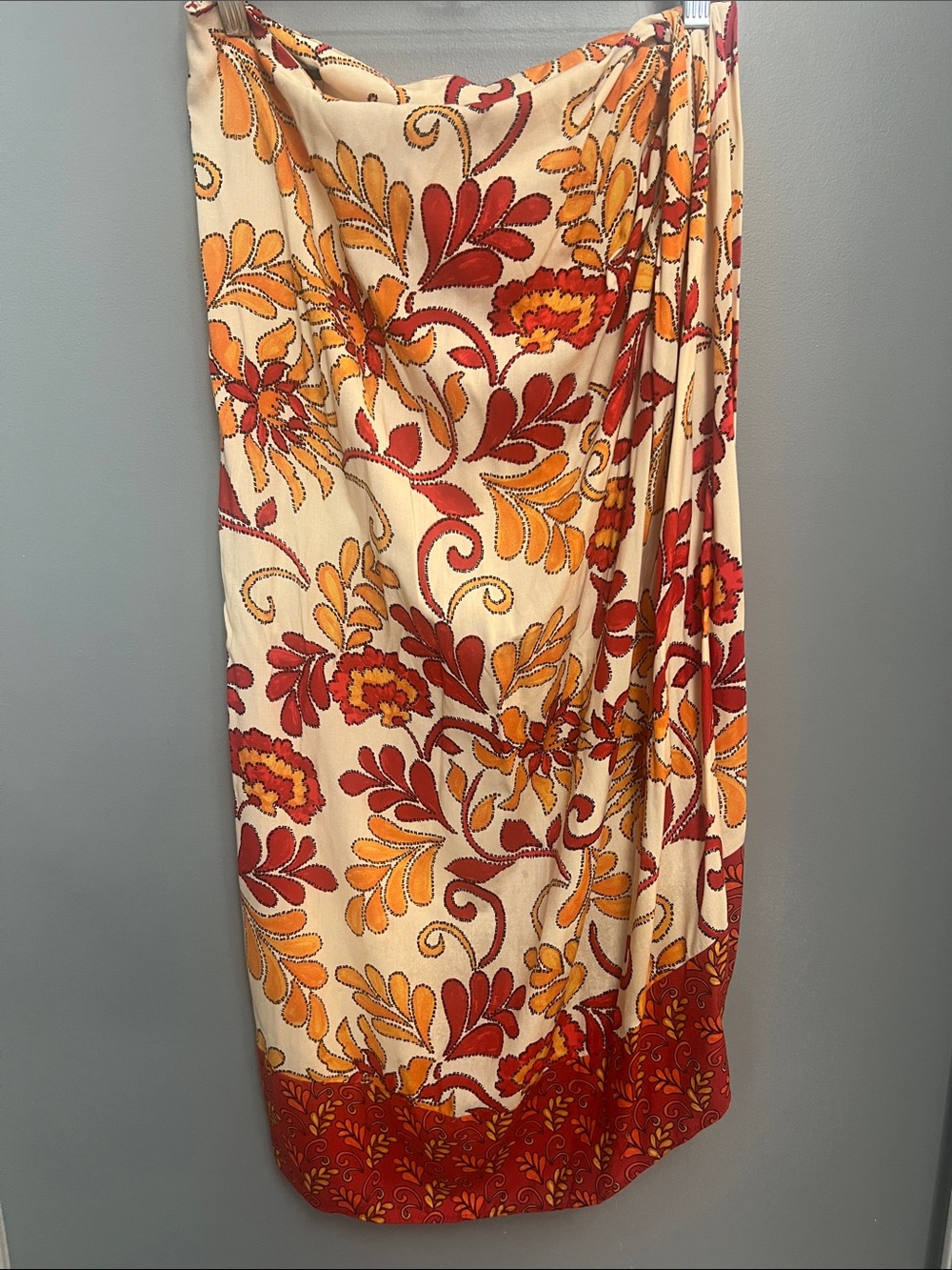 Zara Cream Floral Midi Skirt with Red & Orange Print